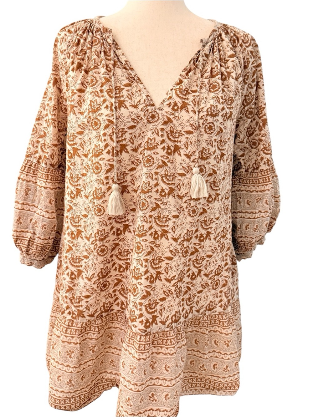 Cleobella Cream & Brown Floral Tassel Tunic Top